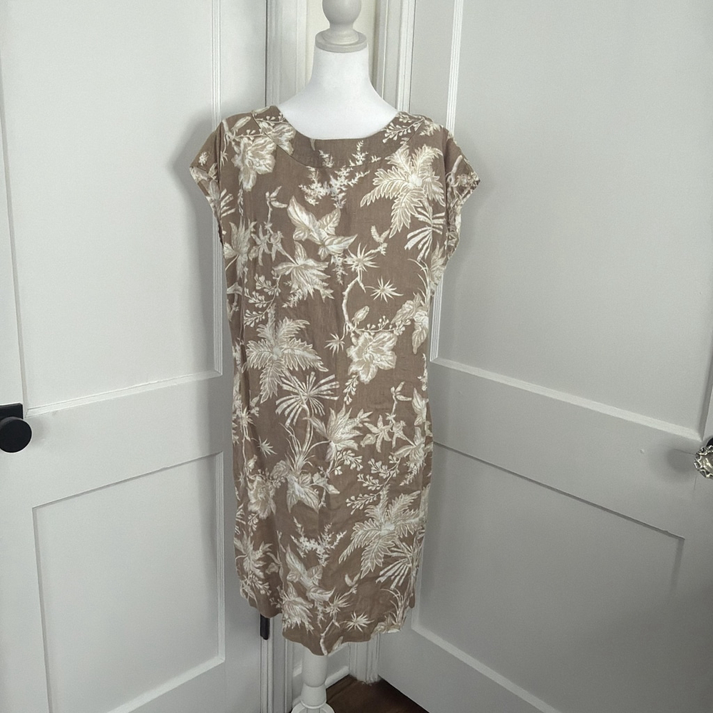 J Jill Linen Dress‎ Womens Large Tan Brown Floral Shift Coastal Neutral Earthy